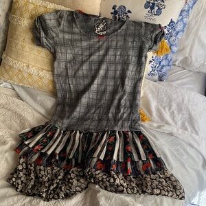Hot Topic Gray Plaid Casual Kids Dress with Floral Hem